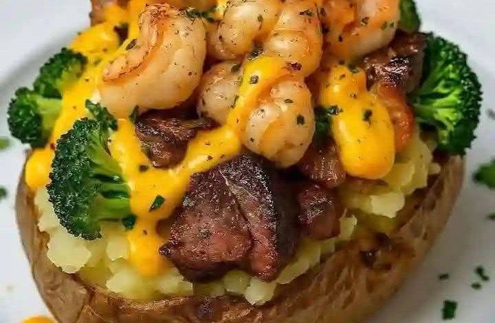Roasted Potatoes with Beef, Shrimp & Broccoli