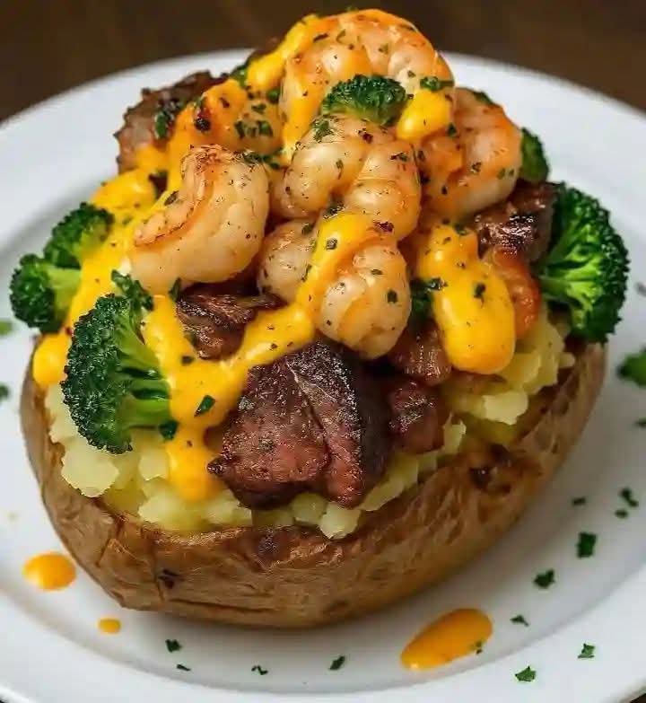 Roasted Potatoes with Beef, Shrimp & Broccoli