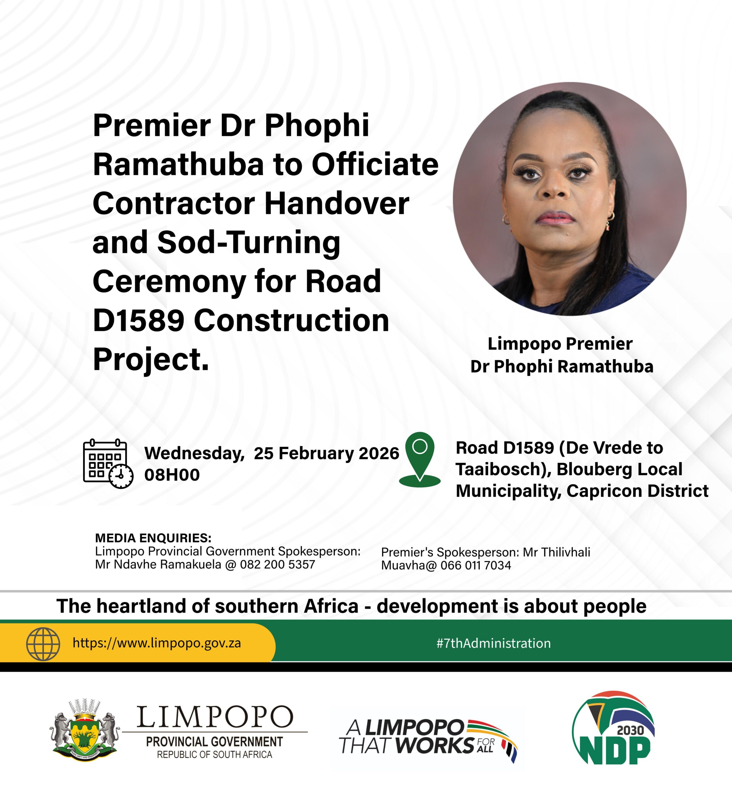 PREMIER DR PHOPHI RAMATHUBA TO OFFICIATE HANDOVER AND SOD-TURNING CEREMONY FOR ROAD D1589 CONSTRUCTION PROJECT